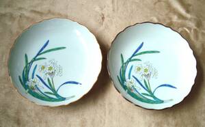 Art hand Auction Японская посуда с цветком нарциссов, ручная роспись, 2 средние тарелки. Хорошее состояние., японская керамика, Керамика в целом, другие