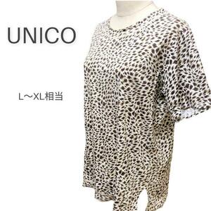 UNICO　クルーネック　ヒョウ柄　カットソー　白x黒　Ｌ～ＸＬ相当　レディース　女性用　大きいサイズ　