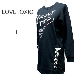 LOVETOXIC　刺繍プリント　ロングトレーナー　オーバーサイズ　黒　Ｌ　サイドリボン　レディース　女性用　チュニック　ミニワンピ