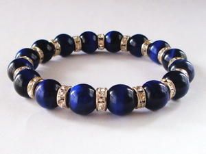  голубой Tiger I #10mm натуральный камень браслет серебряный long Dell женский * мужской внутренняя окружность 16