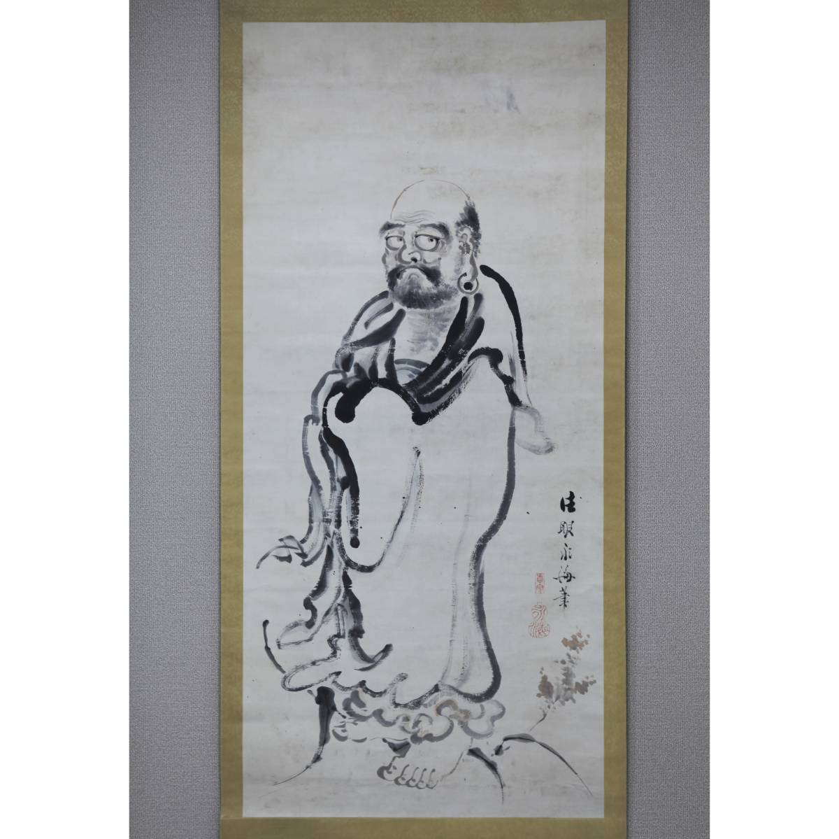 [Auténtico] [Molino de viento] Satake Eikai Bodhidharma Soshi ◎Papel escrito a mano, pergamino grande ◎Pintor tardío de Edo-Meiji, Nativo de Mutsu Aizu, hokan, discípulo de Tani Buncho, pintor del dominio Omi Hikone, arte budista, Cuadro, pintura japonesa, persona, Bodhisattva