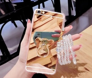 ●水晶ストラップバンカーリン付きゴールド鏡面iPhone7Plus/iPhone8Plus用おしゃれなソフトケース●4