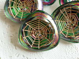チェコ ヴィンテージ 美しい ガラス ボタン 職人 手作り クモの巣 スパイダー ハロウィン ゴールド オーロラ コレクション パーツ 27mm 1個
