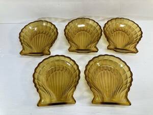 昭和レトロ　アンバーガラス　グラスウェア　貝型プレート　茶色ガラス　５枚セット　未使用/保管品