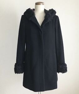 SONIA RYKIEL Collection ◆ファー付き フーデッドコート 黒 40 (ファー着脱式) ウール ロング ジャケット ソニアリキエル /Q10 JSB-04