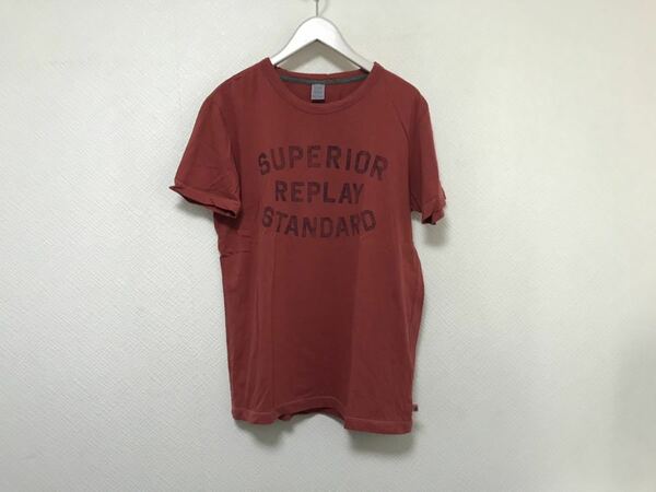 本物リプレイREPLAYコットンプリント半袖TシャツメンズビジネススーツアメカジミリタリーMサーフ赤レッド