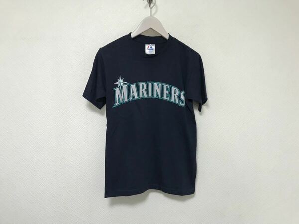 美品本物マリナーズMARINERSイチローベースボールプリントコットン半袖TシャツメンズアメカジミリタリーサーフM紺ネイビーホンジュラス製