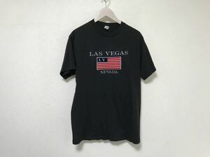 本物ラスベガスLASVEGASアメリカ国旗刺繍コットン半袖Tシャツメンズアメカジビジネススーツサーフストリート黒ブラックMヴィンテージ