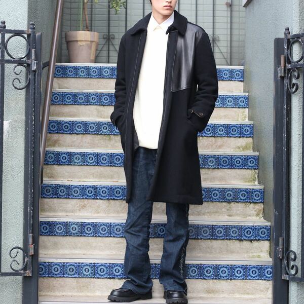 Y's YOHJI YAMAMOTO LEATHER PUTCH WOOL COAT MADE IN JAPAN/ワイズヨウジヤマモトレザーパッチウールコート