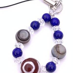 天然石三眼天珠&チベットメノウ(天眼石)&ラピスラズリのストラップ