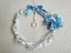  Christmas wreath * royal blue & auger nji- ribbon * pearl / clear beads . elegant atmosphere! hand made 