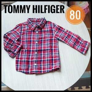 美品【TOMMY HILFIGER】チェック柄のシャツ 赤系 長袖シャツ　80サイズ