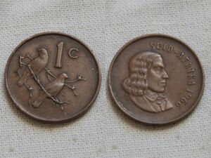 【南アフリカ】 1セント 1966年 　ヤン・ファン・リーベック　鳥 すずめ　ブロンズ銅貨