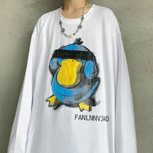 秋服 Tシャツ 目隠し キャラクター 病み オーバーサイズ ユニセックス 韓国