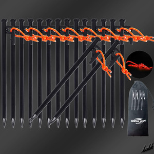 【夜光反射ロープ付き】 ペグ 16本 全長200mm 黒電着塗装処理 防水 スチール ヘッド面積大 打ち込み簡単 キャンプ テント設営
