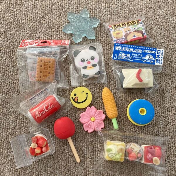 【まとめ売り】おもしろ消しゴム 大量セット 食べ物 乗り物 パトカー ミニチュアケーキ コーラ パンダ 昭和レトロ イワコー 新品 15点