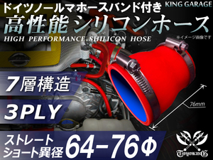 ホースバンド付 高性能 シリコンホース ショート 異径 内径Φ64⇒Φ76mm 長さ76mm 赤色 ロゴマーク無し 汎用品