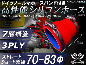 ホースバンド付 高性能 シリコンホース ショート 異径 内径Φ70⇒Φ83mm 長さ76mm 赤色 ロゴマーク無し 汎用品