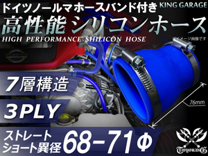 バンド付 シリコンホース ショート 異径 内径Φ68⇒Φ71mm 長さ76mm 青色 ロゴマーク無し GT-R トヨタ86等 汎用