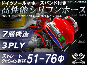 ホースバンド付 自動車 工業用 高性能 シリコンホース クッション 異径 内径76Φ⇒Φ51 全長76mm 赤色 汎用品