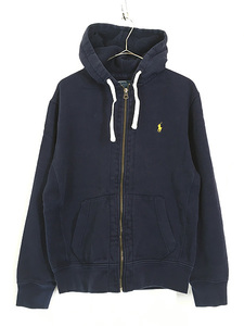 古着 Polo Ralph Lauren ポニー ワンポイント 刺しゅう フード裏 サーマル スウェット ジップ パーカー 紺 M 古着