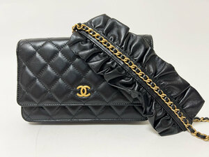 CHANEL シャネル マトラッセ チェーンウォレット クラッチバッグ ショルダーバッグ フリル ラムスキン ブラック ゴールド金具 30番 美品