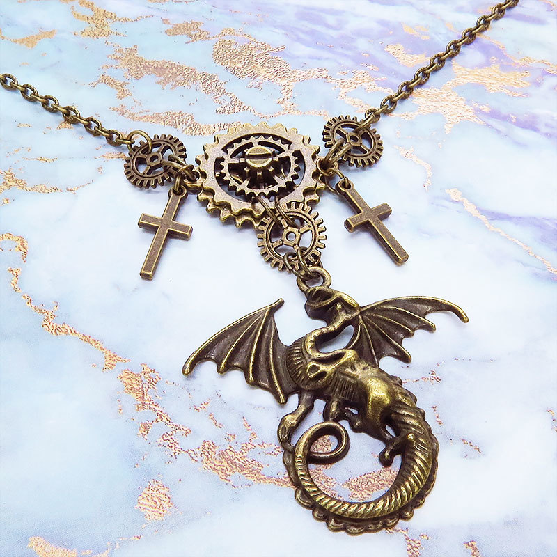 Collar steampunk auténtico de dragón y engranajes de oro antiguo con rosario y ajustador, longitud ajustable, Hecho a mano, Accesorios (para mujeres), collar, colgante, gargantilla