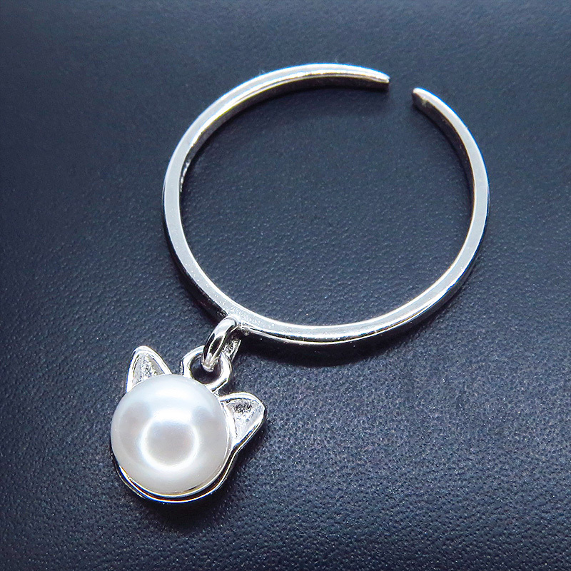 Silber 925, süßer Ring für Erwachsene mit Perlenanhänger mit Katzenohren, Süßwasserperle, freie Größe, kleiner Fingerring, Handgefertigt, Accessoires (für Damen), Andere