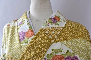 【桜庭呉服店】小紋 着物 青海波文 菊 花 秋草文 おしゃれ 身丈163.5cm 裄丈67.2cm　★ kb-2089