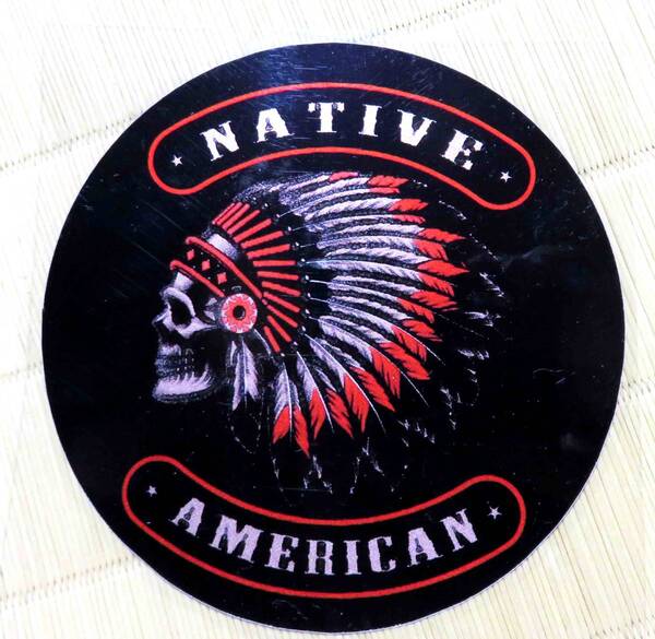 ST左向円型 羽飾髑髏 原住民 黒橙◎新品ネイティブ アメリカン VINTAGE RETROステッカー防水◇激渋■サバゲー・コスプレ・ミリタリー