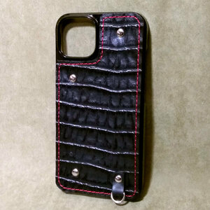 iPhone 13 mini for hard cover black ko type pushed . crocodile leather smartphone smartphone case smartphone shoulder leather original leather black red thread 