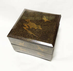 重箱 おせち 二段重 木製漆塗 梨地鶴亀蒔絵 7寸 21cm 漆器 アウトレット 
