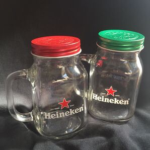 Heineken;【未使用品】ふた付ビアマグ/ジャー/広口瓶 赤&緑セット