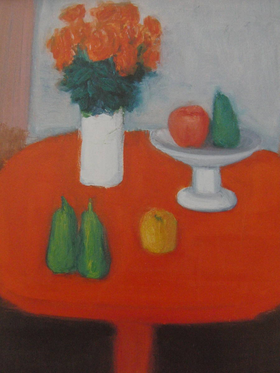 Kenjiro Shibata, Still life on the red table, Framed paintings from rare art books, Comes with a custom made mat, made in Japan, brand new and framed., free shipping, painting, oil painting, still life painting