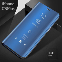 iPhone8Plus iPhone7Plus 手帳型ケース　ミラーケース 光沢　鏡面　反射　鏡面加工 液晶フィルム付き　スケルトン スマホケース　ブルー_画像1