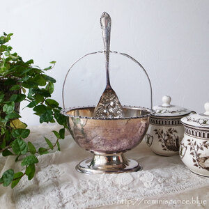 【スプーンの指定席】アンティーク ヴィンテージ 英国 銀メッキ ジェリーボウル ◆Antique Silver Plated Jelly Bowl with Carrier&Spoon