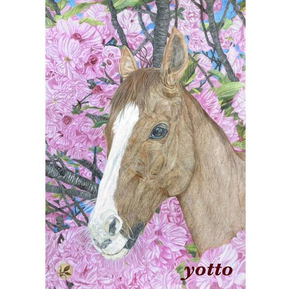 色鉛筆画「 春うらら 」Ａ４・額付き◇◆手描き◇原画◆馬◇◆yotto◇