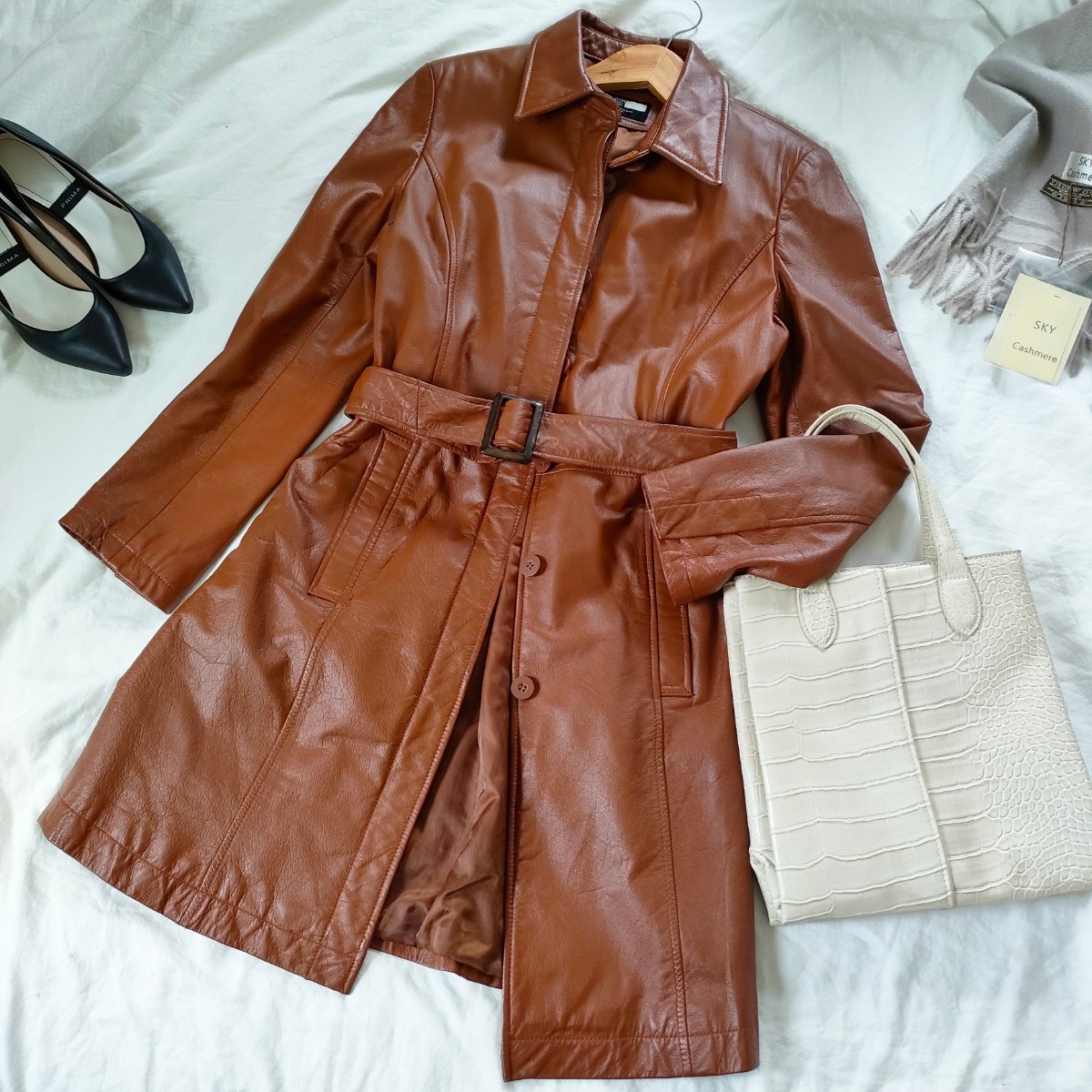 美品 MAX MARA SPORTMAX レザートレンチコート 38 ブラウン-
