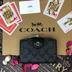 COACH コーチ ブラック ロゴベルト 二つ折り財布