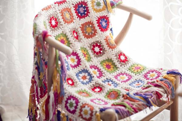 Handmade crochet flower motif rainbow★Handmade/crochet/knitting★Knee blanket/sofa cover★, knitting, Finished Product, others