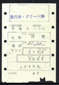 国鉄 マルス券 利尻号 急行券・グリーン券 札幌から旭川 初期 縦型