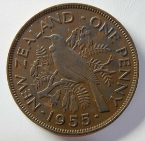 外国コイン『ニュージーランド １ペニー 銅貨』1955年 管理番号:48 / NEW ZEALAND ONE PENNY QUEEN ELIZABETH /古銭 硬貨