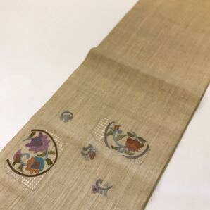 【ルネートル】帯 薄茶 茶系 刺繍 花柄 カジュアル 秋 長さ 364cm 着物 和装小物 ★同梱可★ 1147の画像3