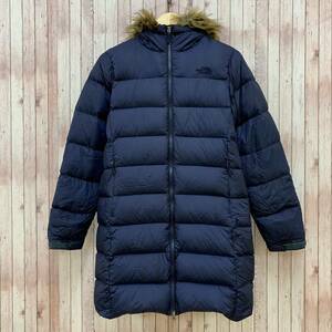 THE NORTH FACE ノースフェイス ヌプシ ダウン ロングコート NDW91633 M ファー付 フーディ ナイロン ネイビー レディース BB21