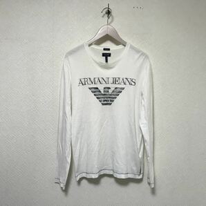 本物アルマーニジーンズARMANI JEANSコットンロゴプリント長袖TシャツロンTメンズアメカジサーフビジネススーツM白ホワイトペルー製