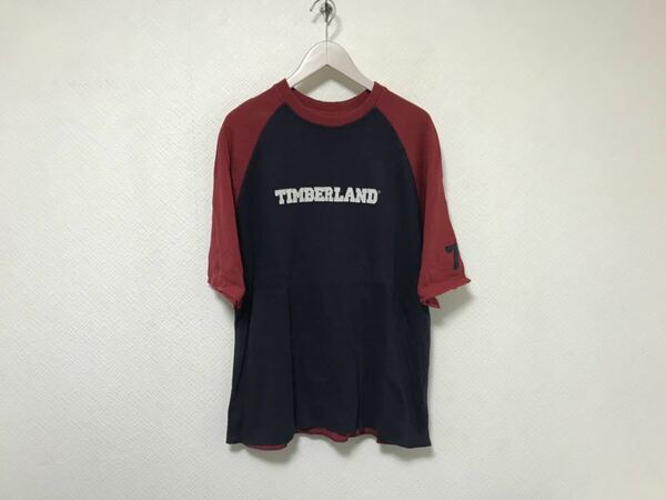 本物ティンバーランドTIMBERLANDコットンラグランロゴ半袖Tシャツメンズアメカジサーフミリタリービジネススーツ紺ネイビー赤トルコ製L