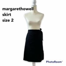 マーガレットハウエル　膝丈スカート　プリーツ　黒色　ラップスカート　巻きスカート　ブラック　リボン付き　margarethowell_画像1