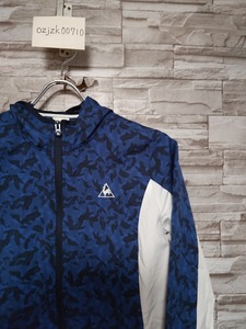 women's D416 le coqsportif ルコック フェザー 総柄 ジップアップ ウインドブレーカー パーカー ジャケット M ブルー/ネイビー/ホワイト