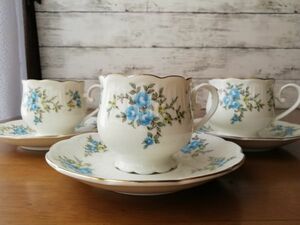 HOYA ホヤ カップ&ソーサー 3客セット 金彩 青い花柄 紅茶 コーヒー ブランド食器 保谷 antique Tea cup 送料無料