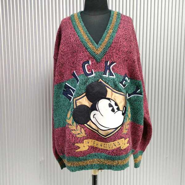 【90s】美品/ディズニーDisney/MICKEY&CO/ミッキーマウス/ヴィンテージ/古着/オーバーサイズ/キャラ/ウール/Vネック/ニット/セーター/L